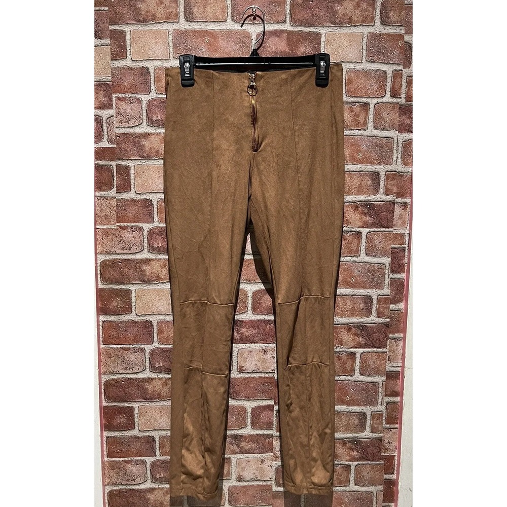 FashionNova Women Size S/M Skinny Brown Stretch Velvet Leggings W/Zip&Elastic